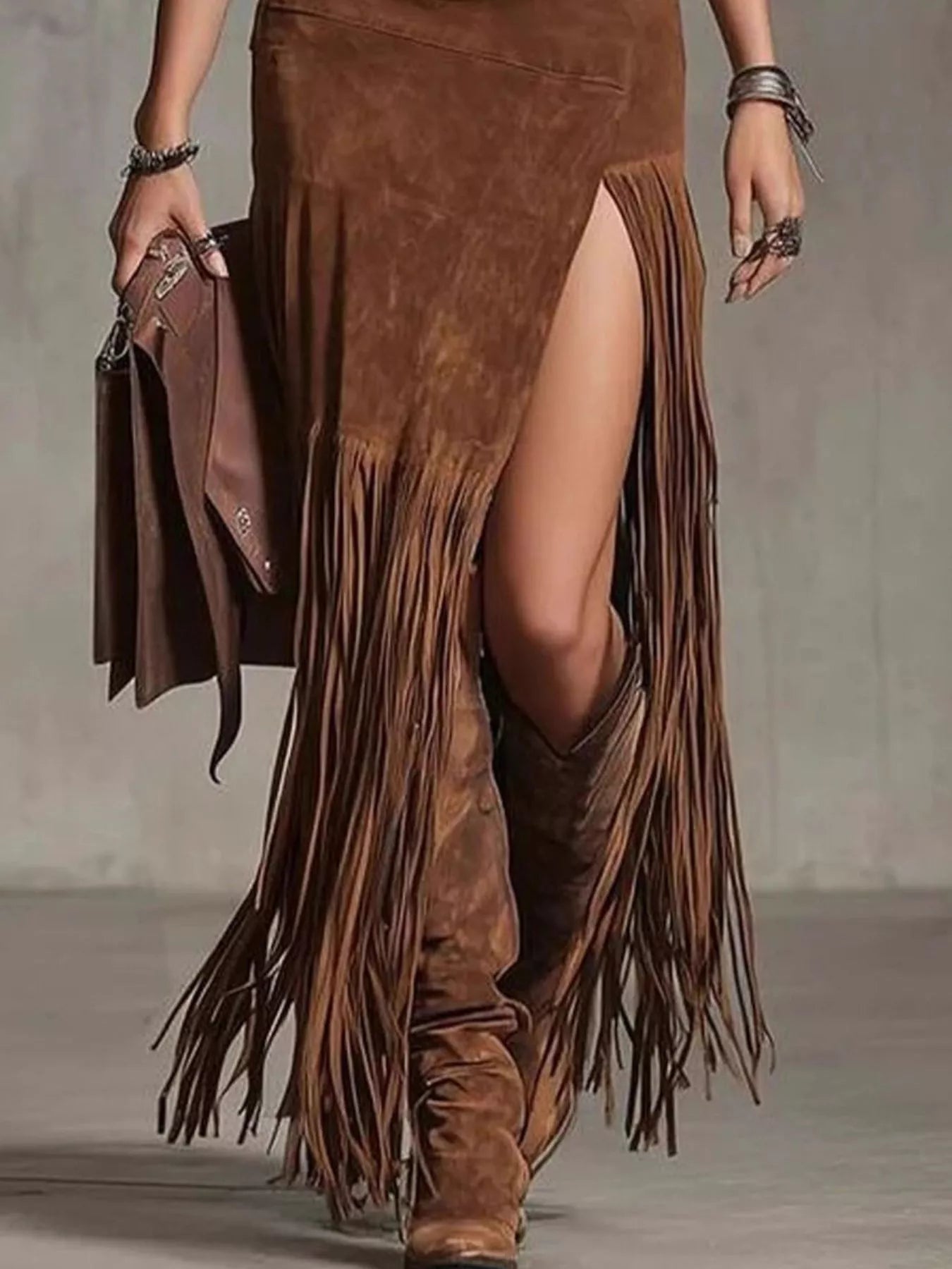 Denim Patchwork Fringe Maxi Skirt - MAD RUFFI