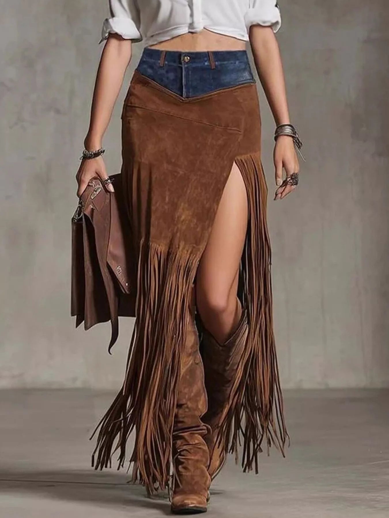 Denim Patchwork Fringe Maxi Skirt - MAD RUFFI