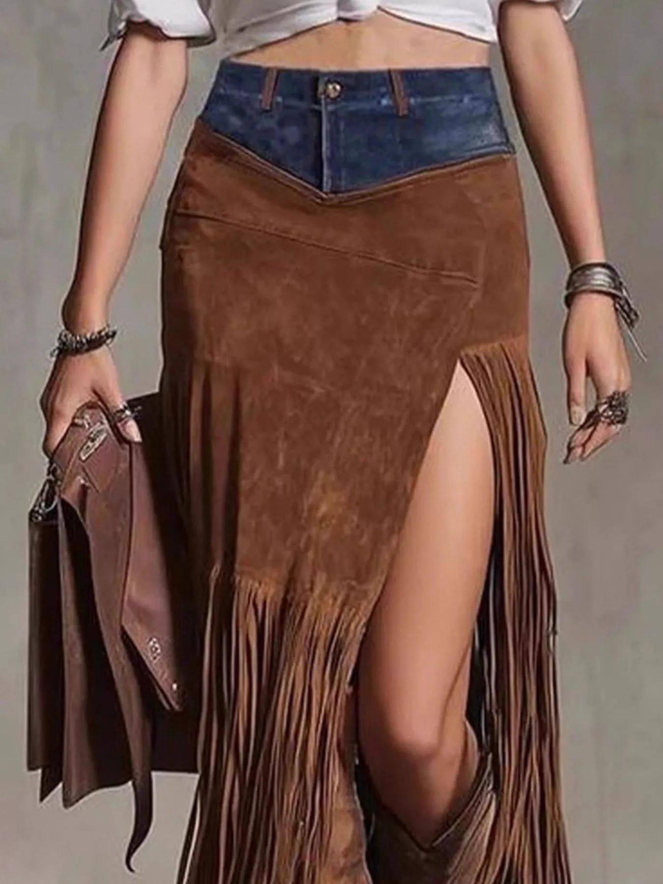 Denim Patchwork Fringe Maxi Skirt - MAD RUFFI