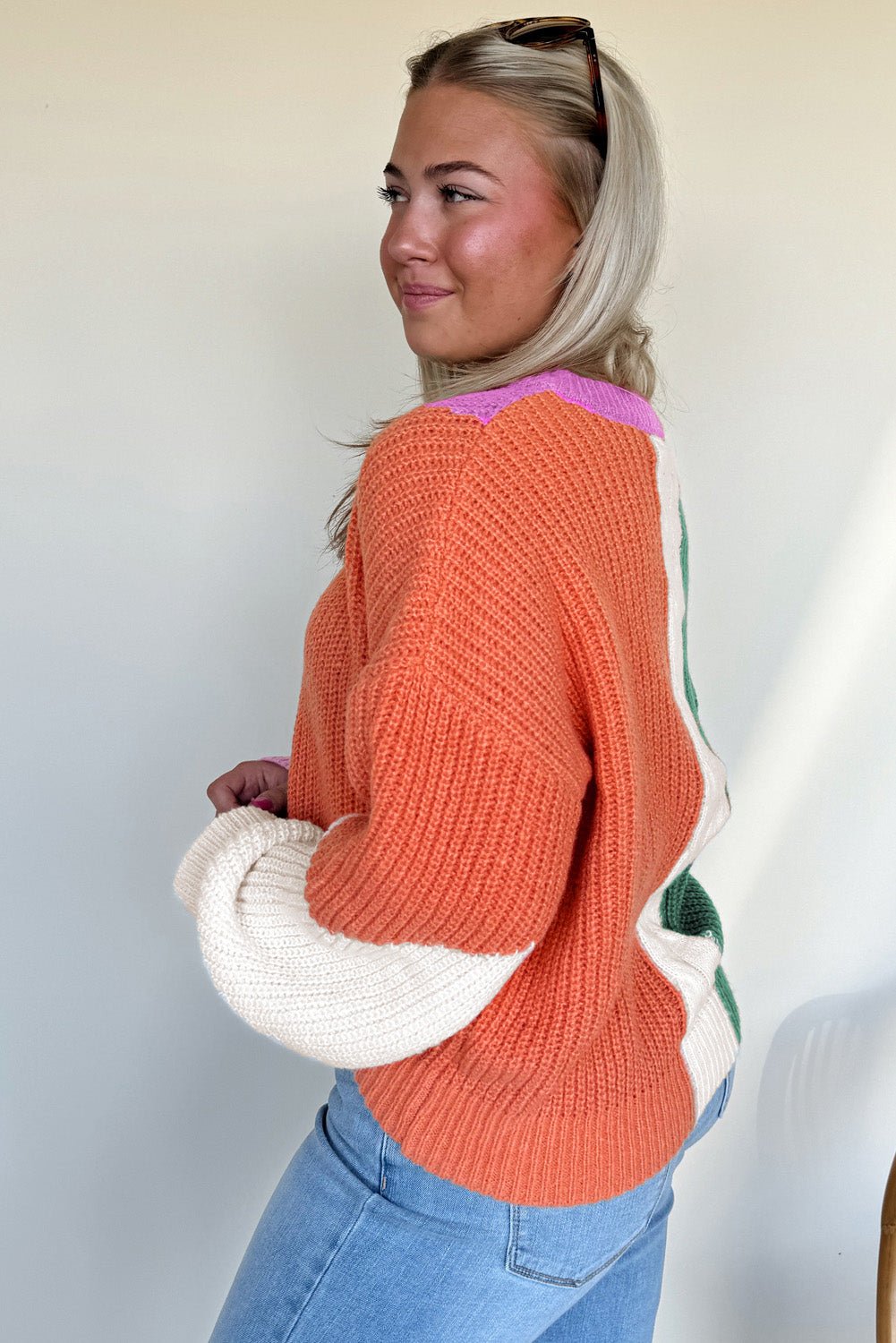 Desert Gold Colorblock Knit Drop Shoulder Loose Fit Sweater - MAD RUFFI