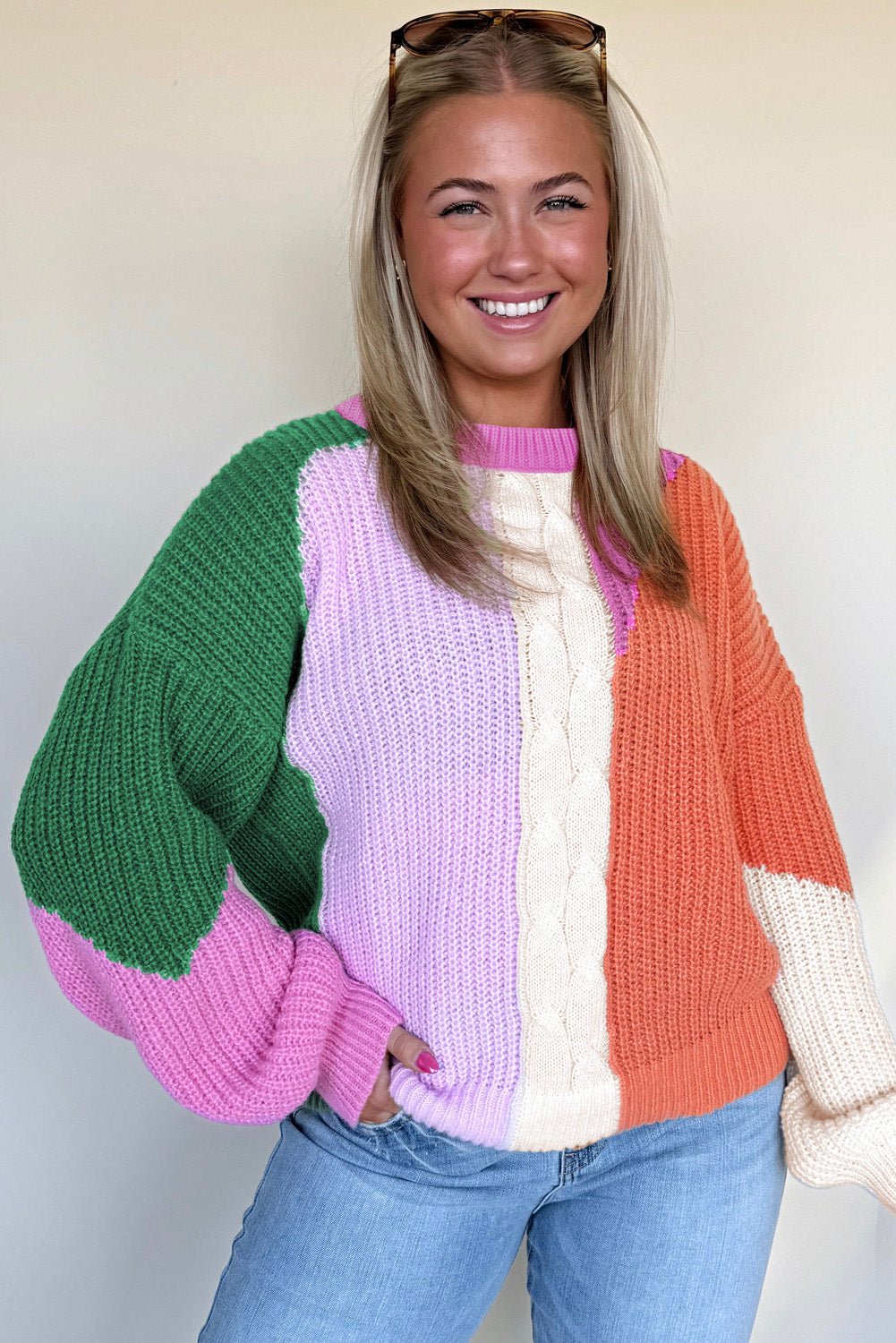 Desert Gold Colorblock Knit Drop Shoulder Loose Fit Sweater - MAD RUFFI