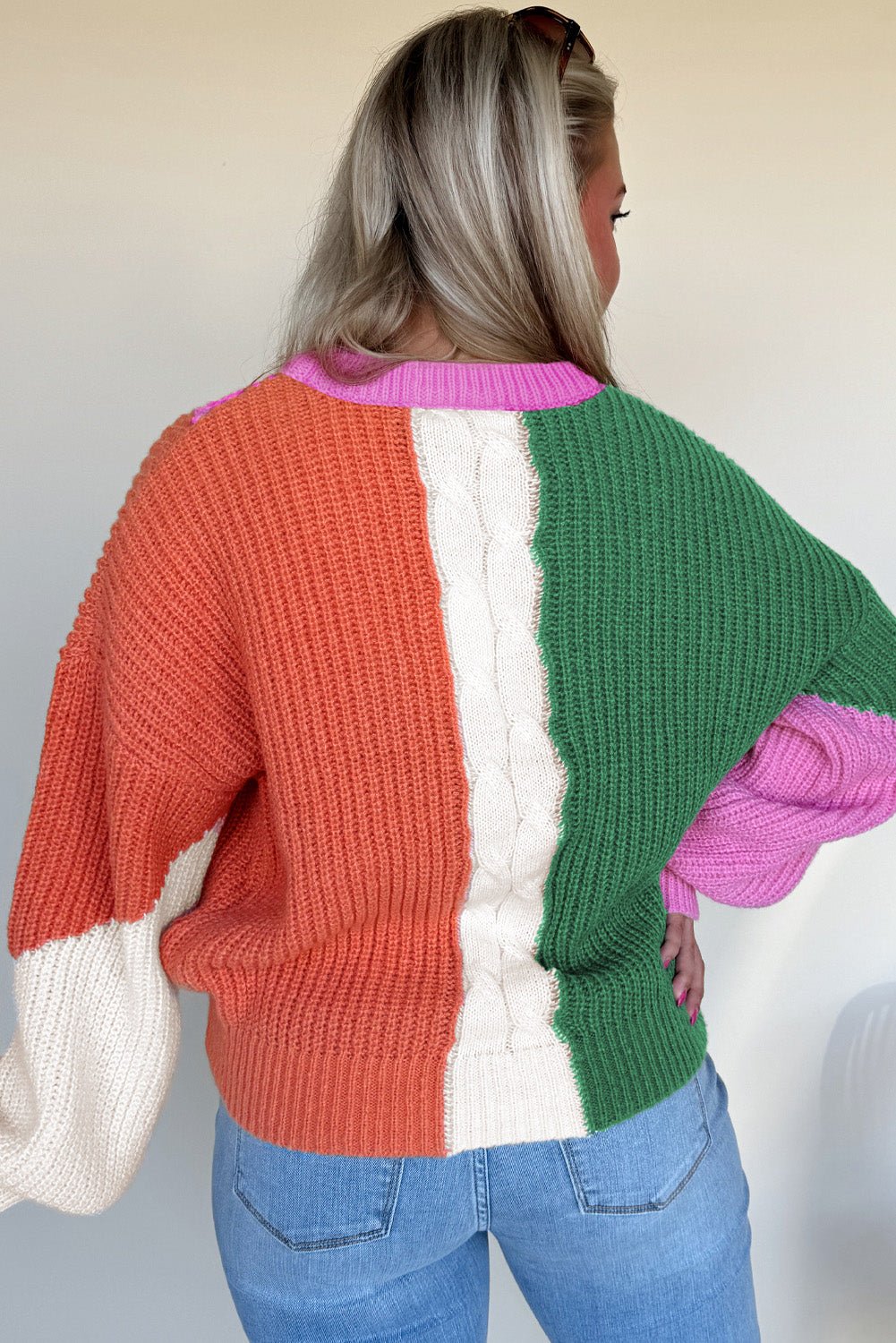 Desert Gold Colorblock Knit Drop Shoulder Loose Fit Sweater - MAD RUFFI