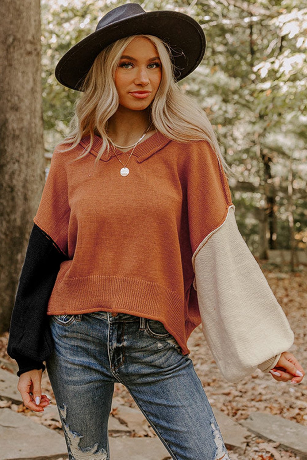 Desert Gold Colorblock Raw Edge Bubble Sleeve V Neck Sweater - MAD RUFFI