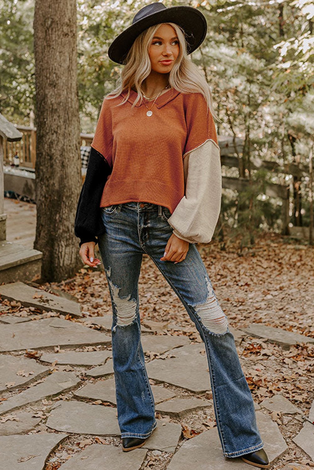 Desert Gold Colorblock Raw Edge Bubble Sleeve V Neck Sweater - MAD RUFFI