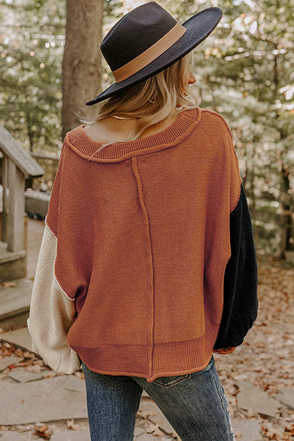 Desert Gold Colorblock Raw Edge Bubble Sleeve V Neck Sweater - MAD RUFFI