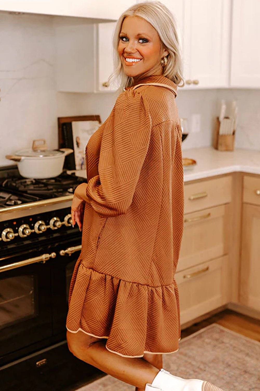 Desert Gold Quarter Zip Collar Bracelet Sleeve Textured Mini Dress - MAD RUFFI