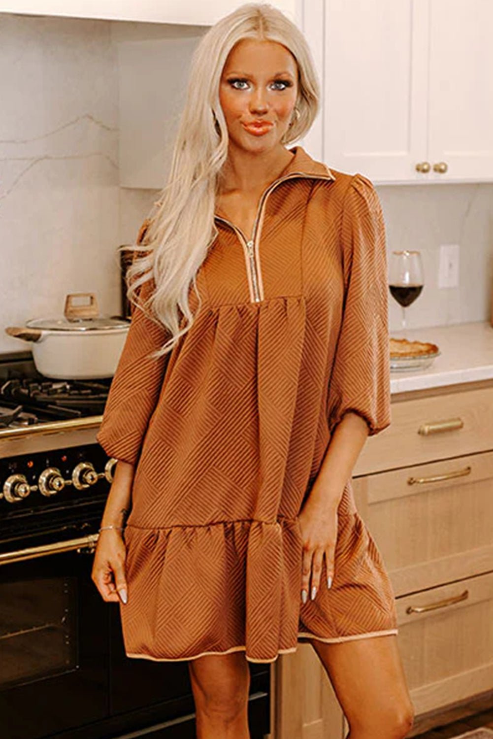 Desert Gold Quarter Zip Collar Bracelet Sleeve Textured Mini Dress - MAD RUFFI