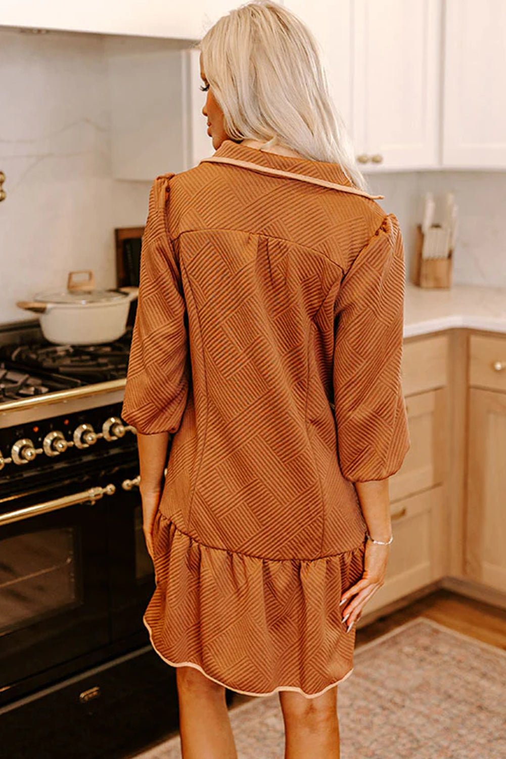 Desert Gold Quarter Zip Collar Bracelet Sleeve Textured Mini Dress - MAD RUFFI
