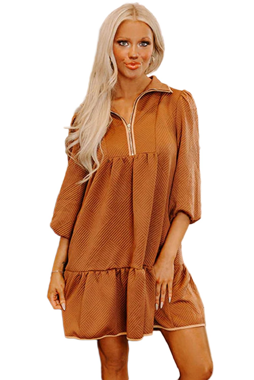 Desert Gold Quarter Zip Collar Bracelet Sleeve Textured Mini Dress - MAD RUFFI