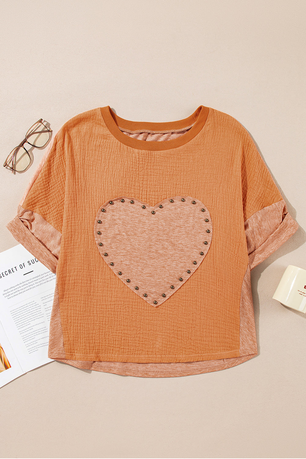 Desert Gold Stud Heart Patch Textured Dolman Top - MAD RUFFI