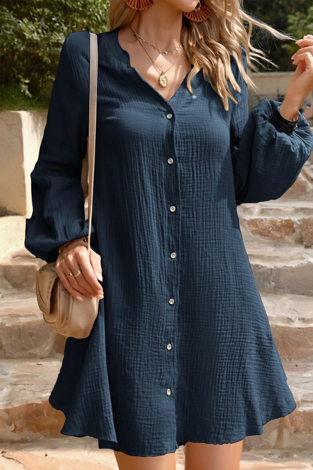 Devine Notched Balloon Sleeve Mini Dress - MAD RUFFI