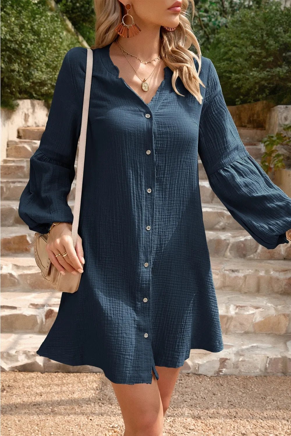 Devine Notched Balloon Sleeve Mini Dress - MAD RUFFI