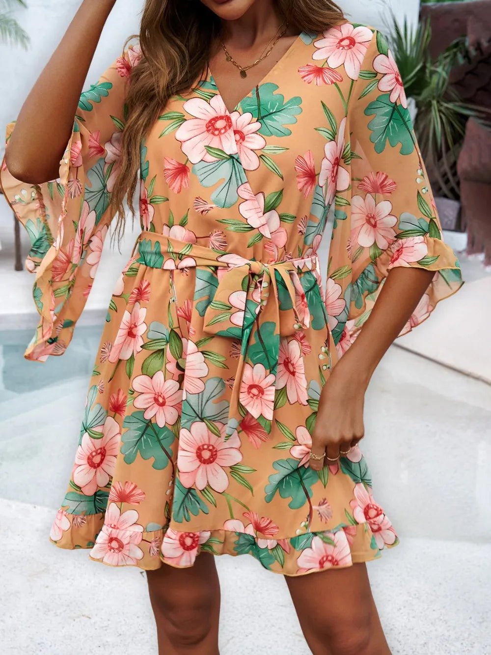 Devine Ruffled Printed Surplice Half Sleeve Mini Dress - MAD RUFFI