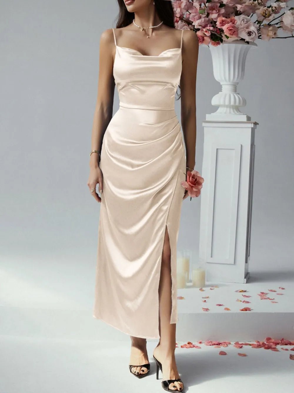 Devine Slit Ruched Maxi Cami Dress - MAD RUFFI