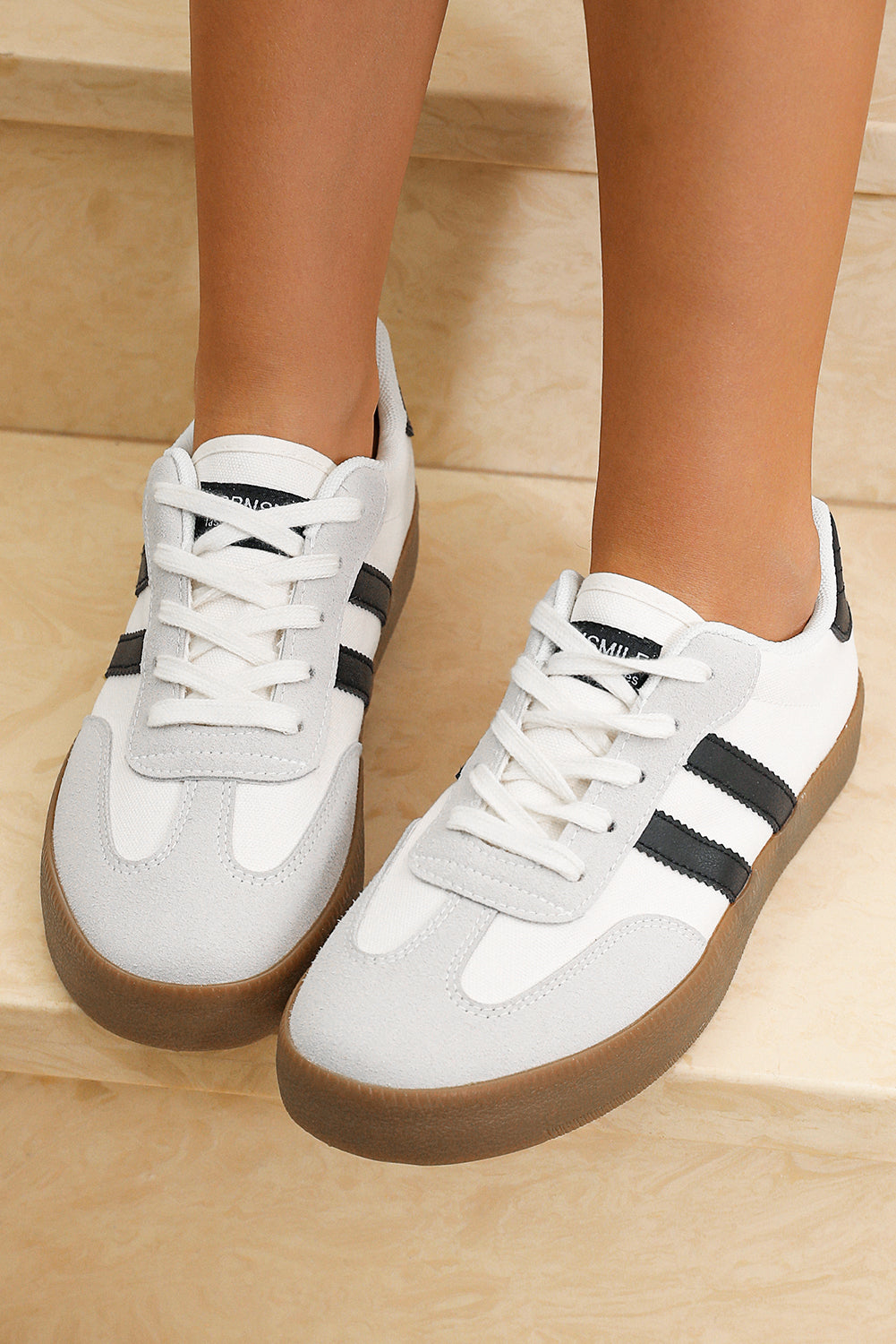 White Striped Lace Up Flat Sneakers