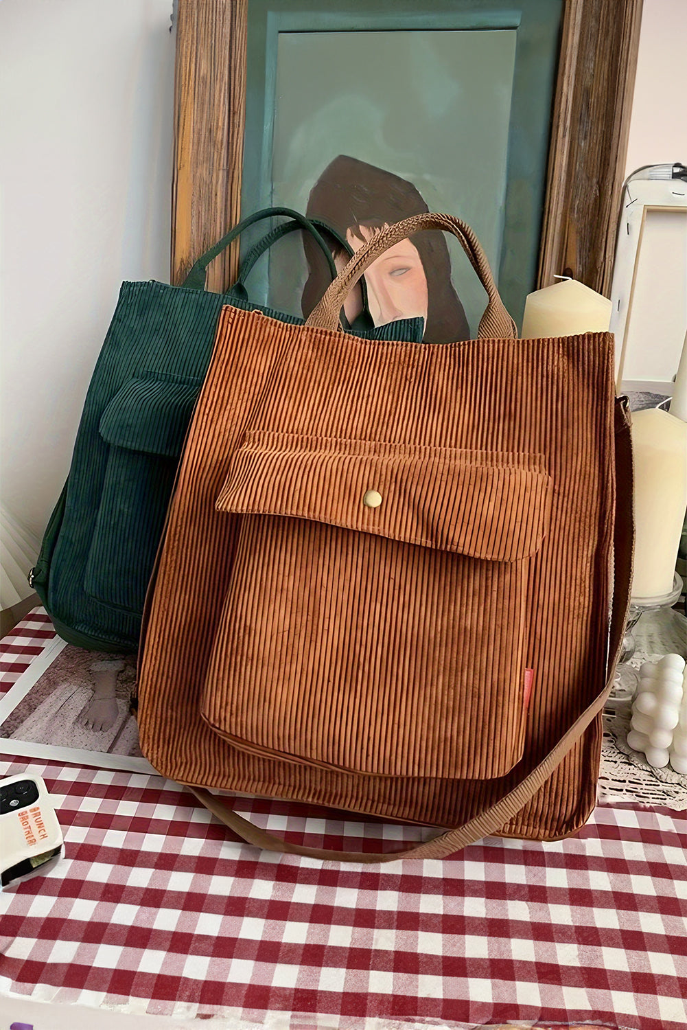 Chestnut Detachable Shoulder Strap Versatile Corduroy Tote Bag