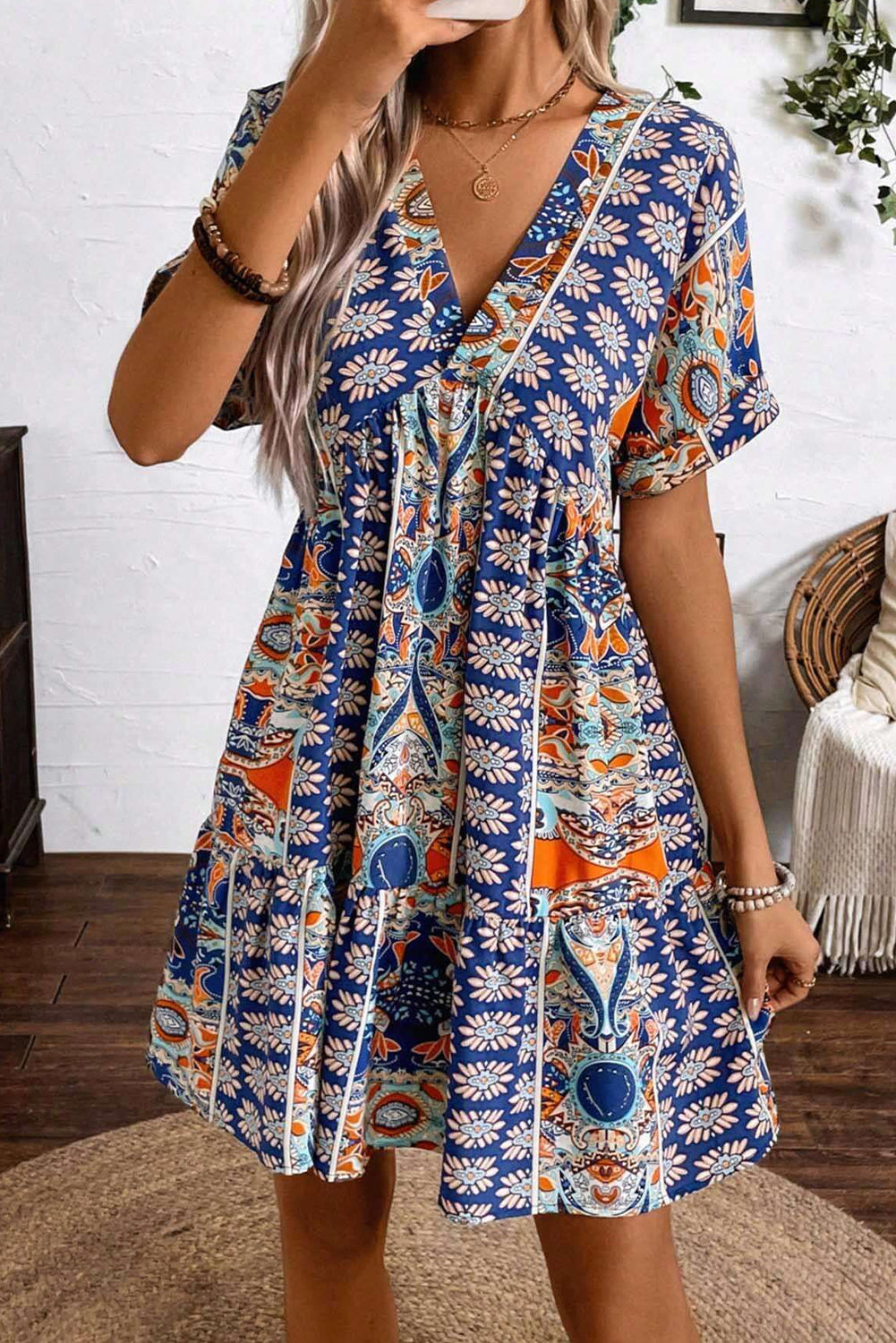 Azure Floral V-Neck High-Waisted Dress