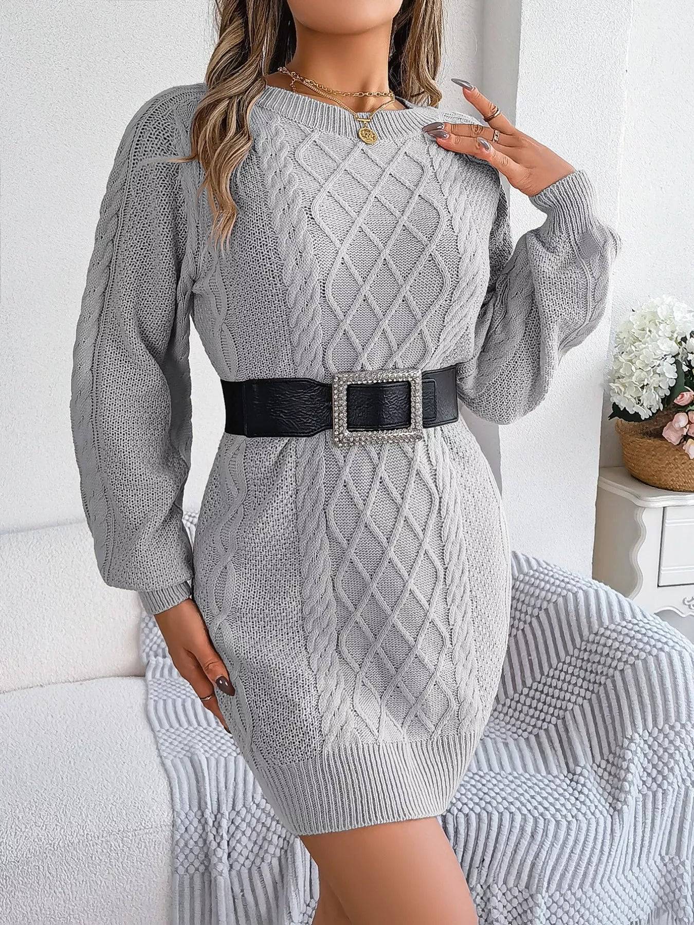 Diamond Cable Knit Sweater Dress with Long Sleeves - MAD RUFFI