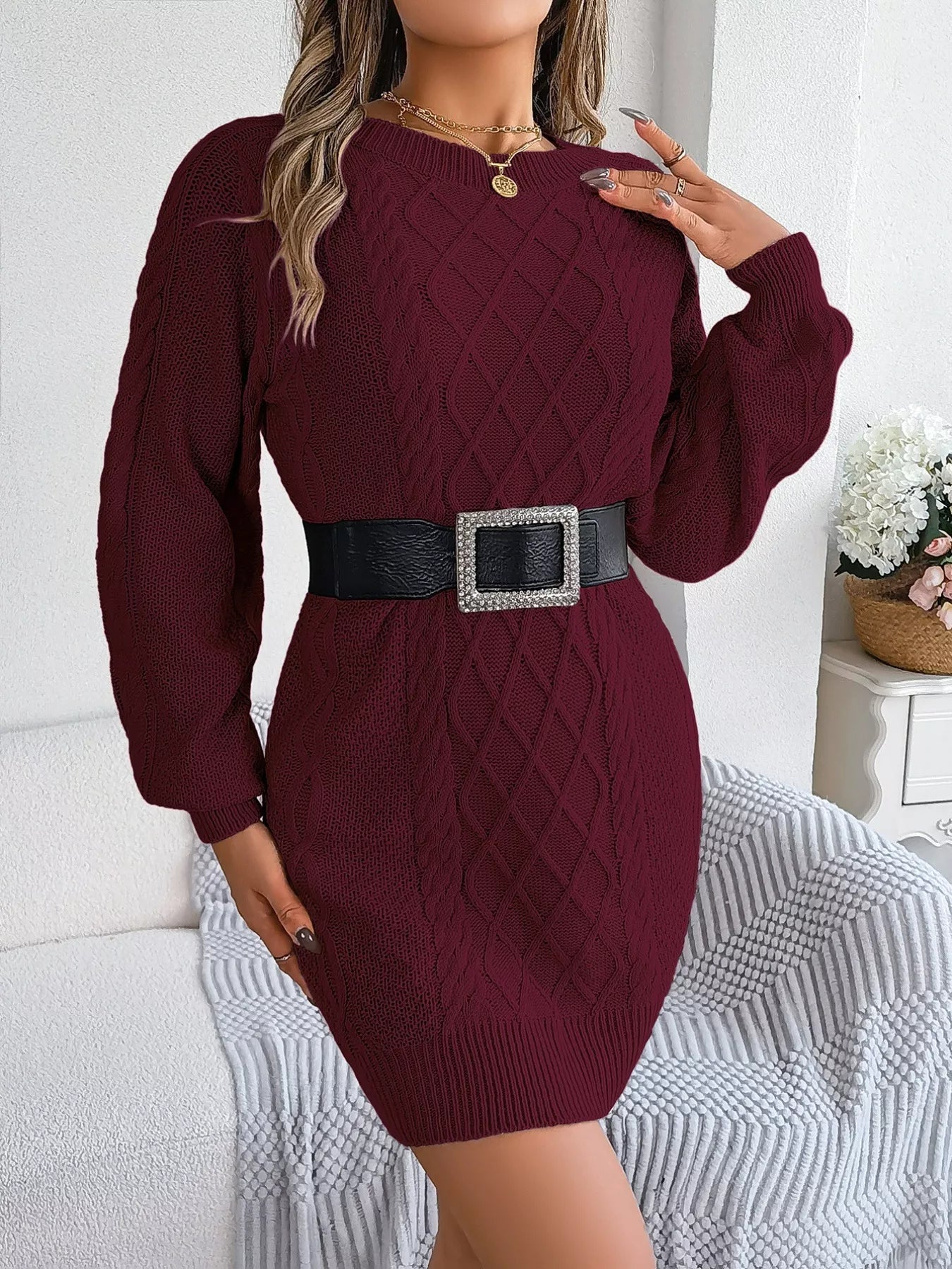 Diamond Cable Knit Sweater Dress with Long Sleeves - MAD RUFFI