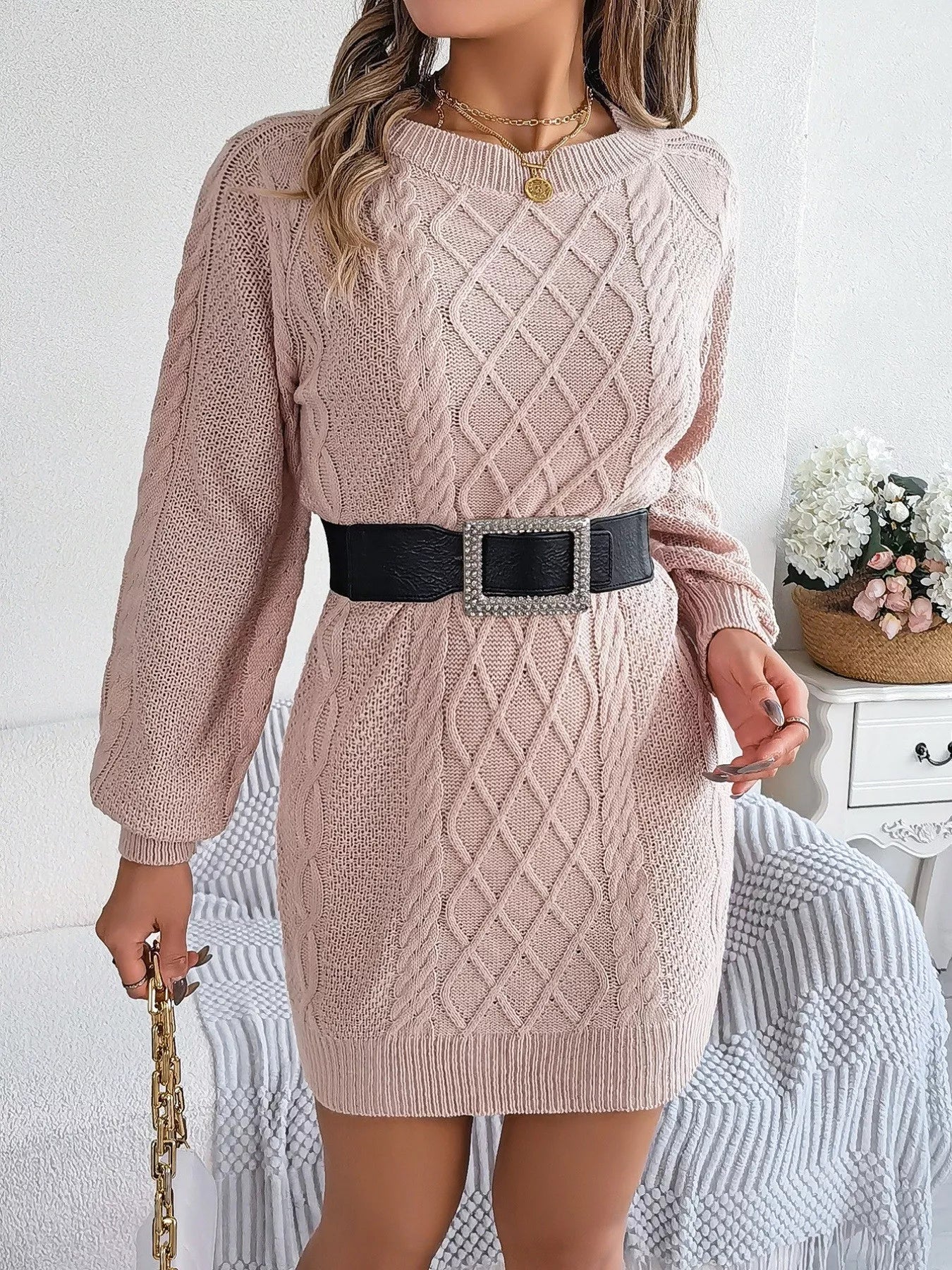 Diamond Cable Knit Sweater Dress with Long Sleeves - MAD RUFFI