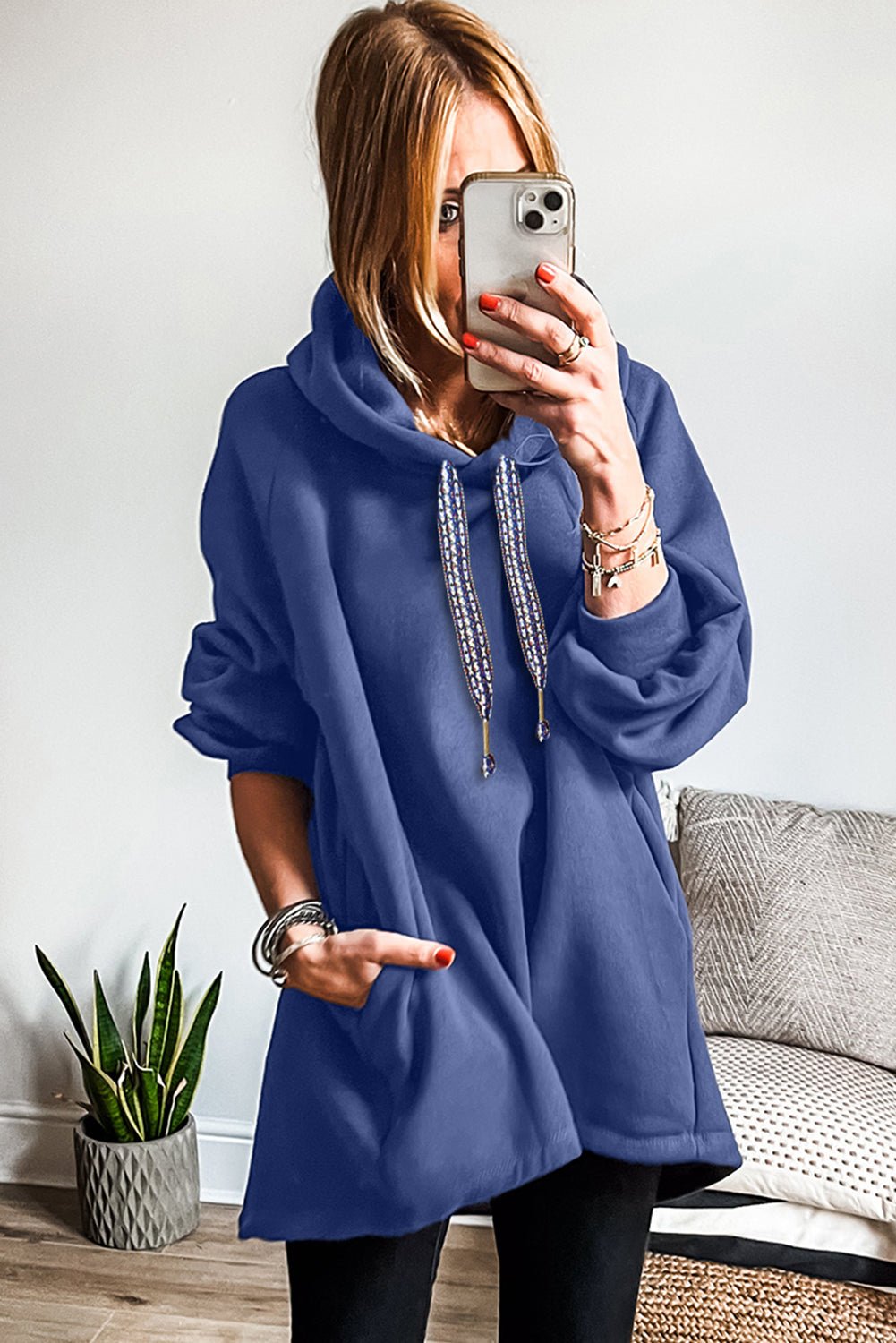 Dirty Blue Drawstring Hooded Tunic Sweatshirt - MAD RUFFI