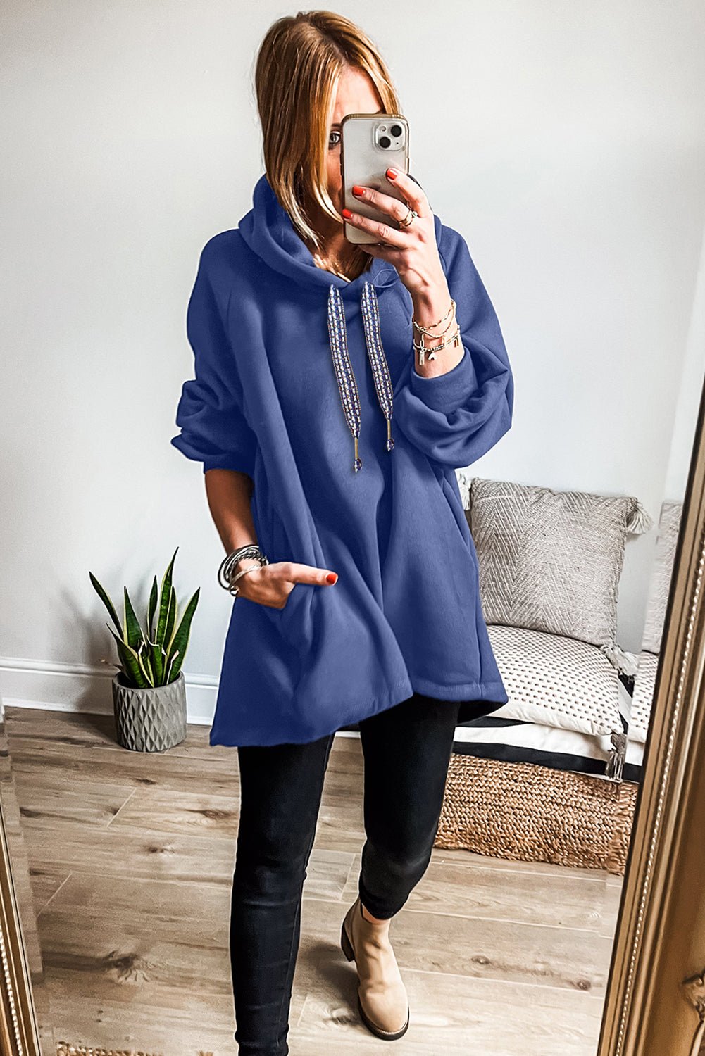 Dirty Blue Drawstring Hooded Tunic Sweatshirt - MAD RUFFI