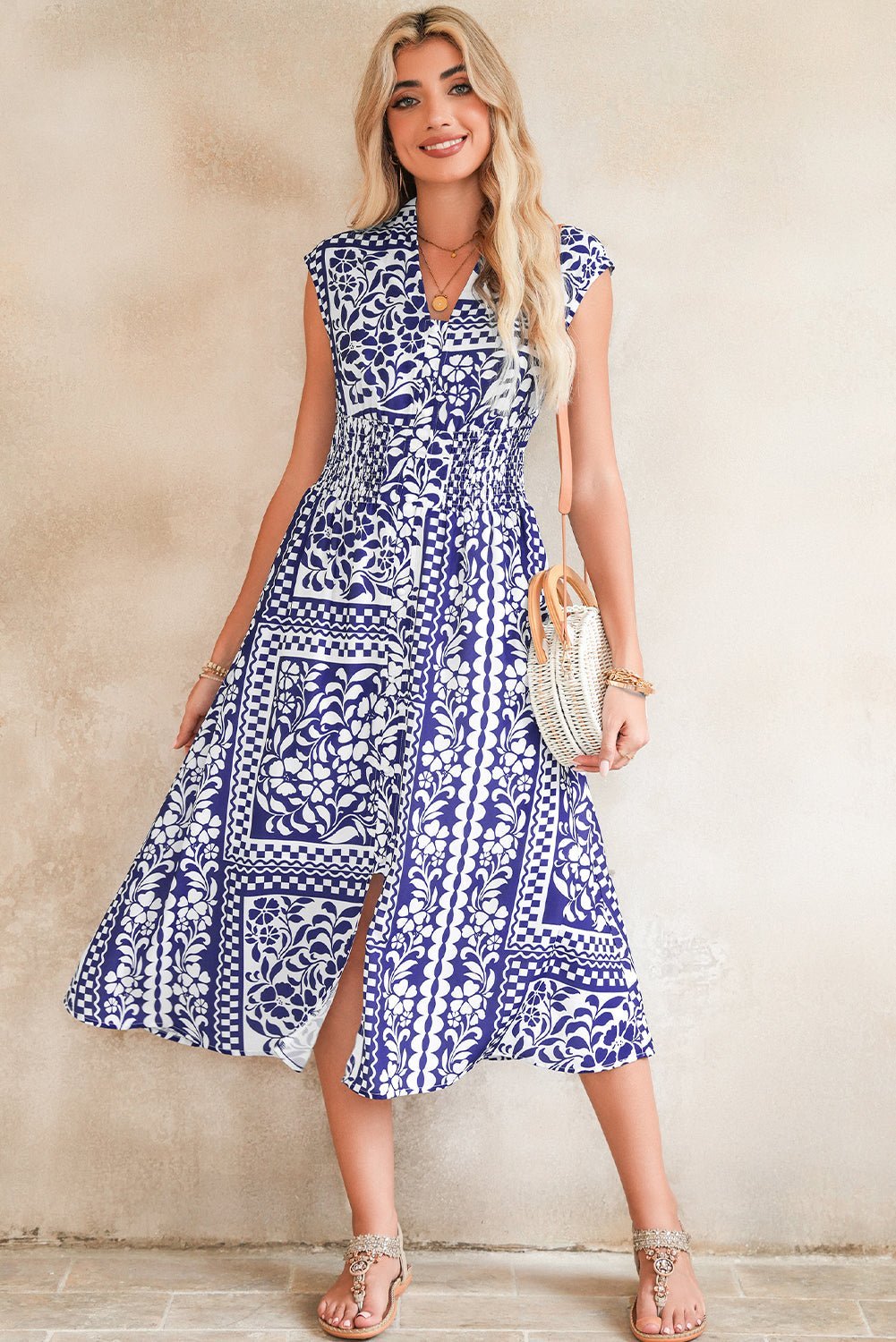 Dirty Blue Floral Print Smocked Waist Sleeveless Dress - MAD RUFFI