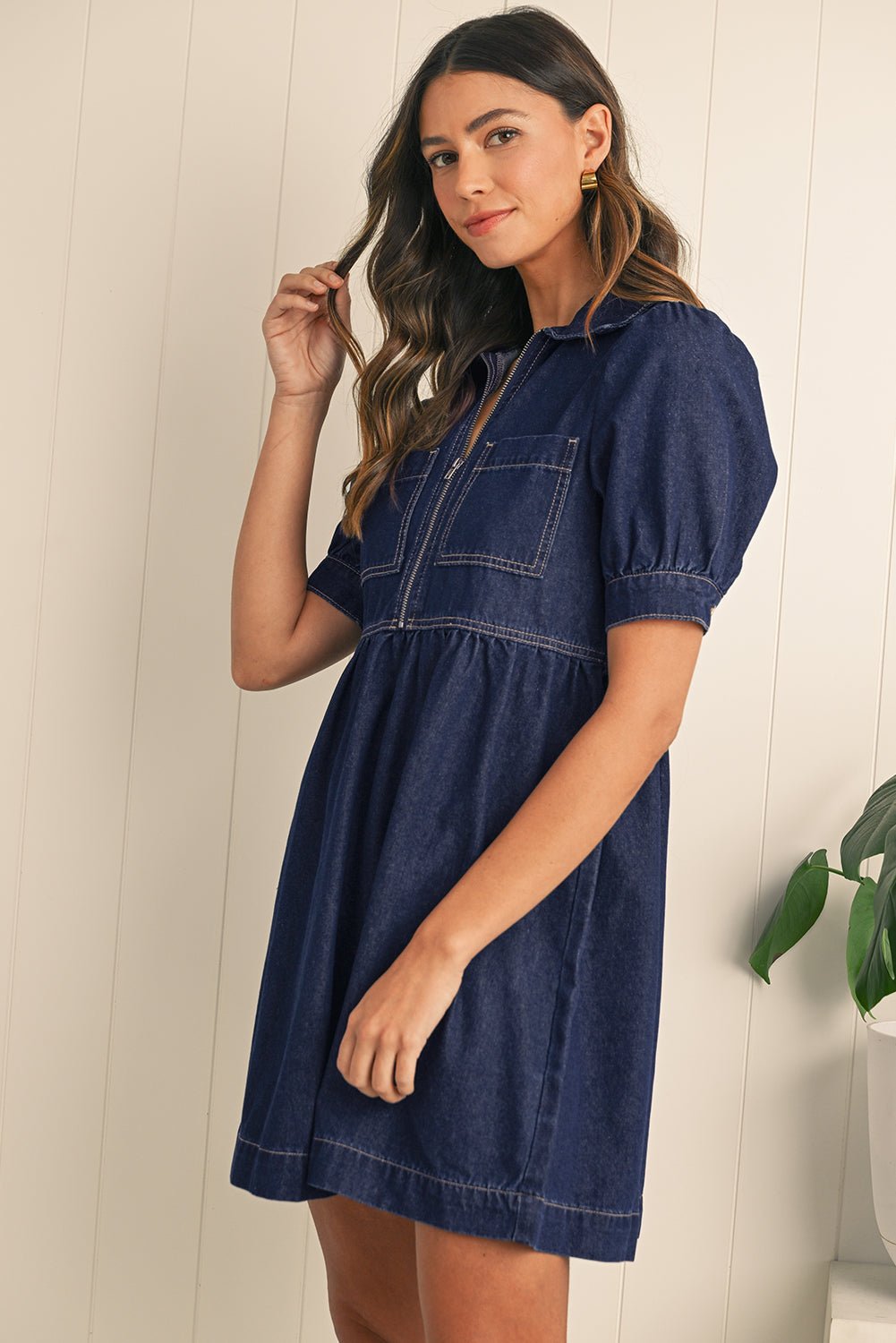 Dirty Blue Puff Sleeve Half Zipper Denim Flowy Dress - MAD RUFFI