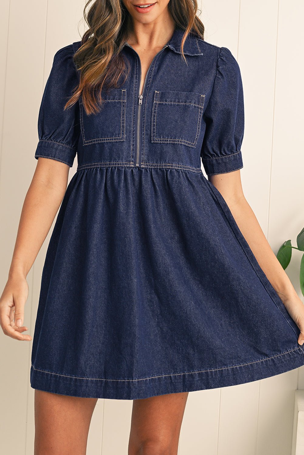 Dirty Blue Puff Sleeve Half Zipper Denim Flowy Dress - MAD RUFFI