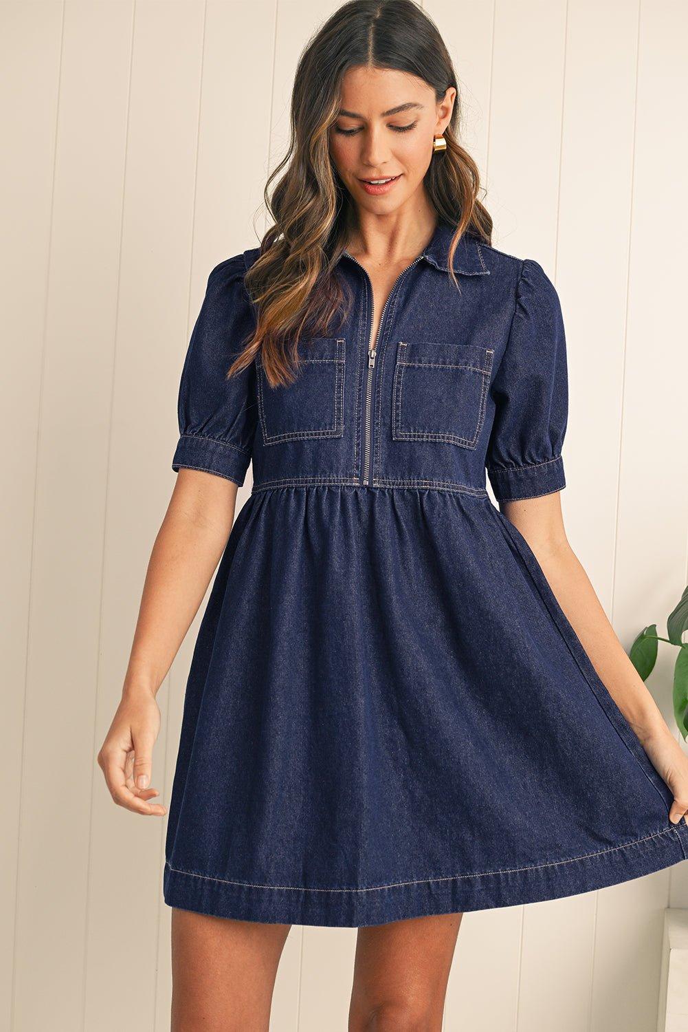 Dirty Blue Puff Sleeve Half Zipper Denim Flowy Dress - MAD RUFFI