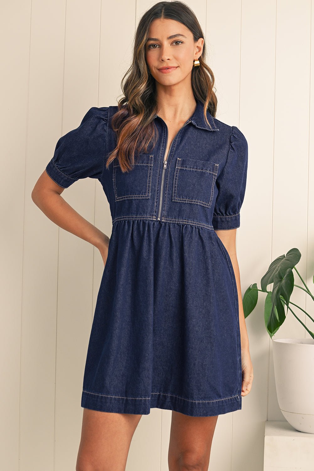 Dirty Blue Puff Sleeve Half Zipper Denim Flowy Dress - MAD RUFFI