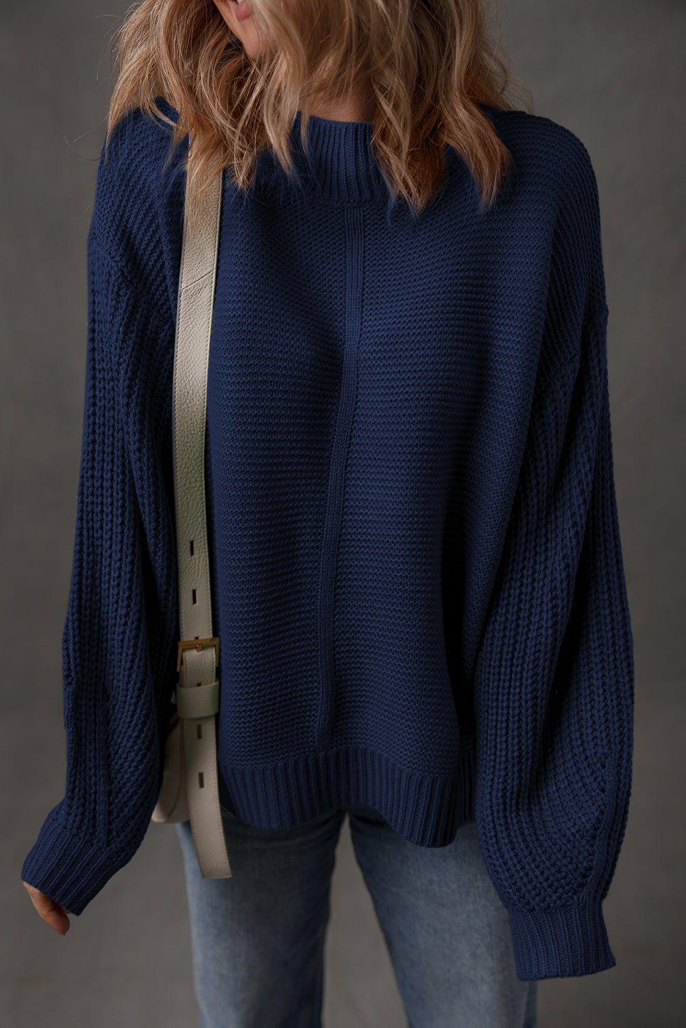 Dirty blue Solid Color Front Seam Drop Shoulder Loose Sweater - MAD RUFFI