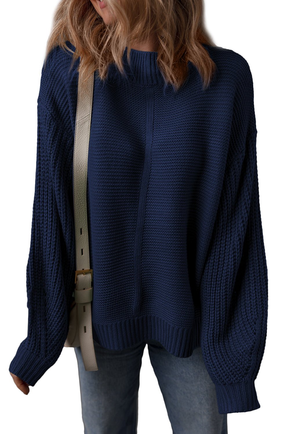 Dirty blue Solid Color Front Seam Drop Shoulder Loose Sweater - MAD RUFFI