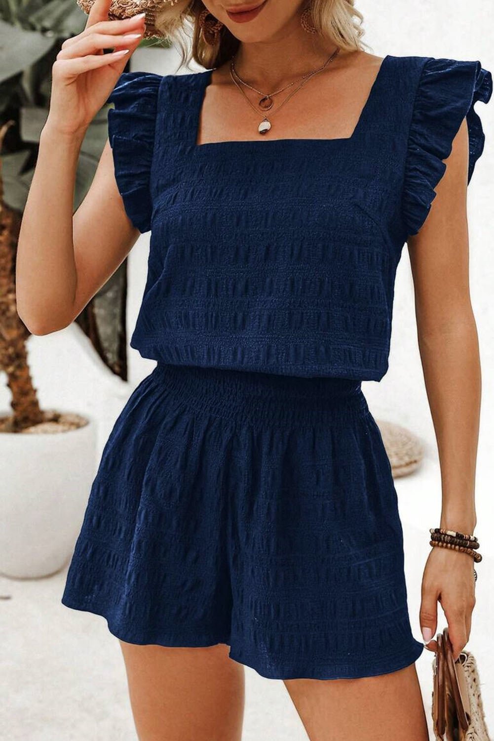 Dirty Blue Textured Ruffle Top and Shirred High Waist Shorts Set - MAD RUFFI