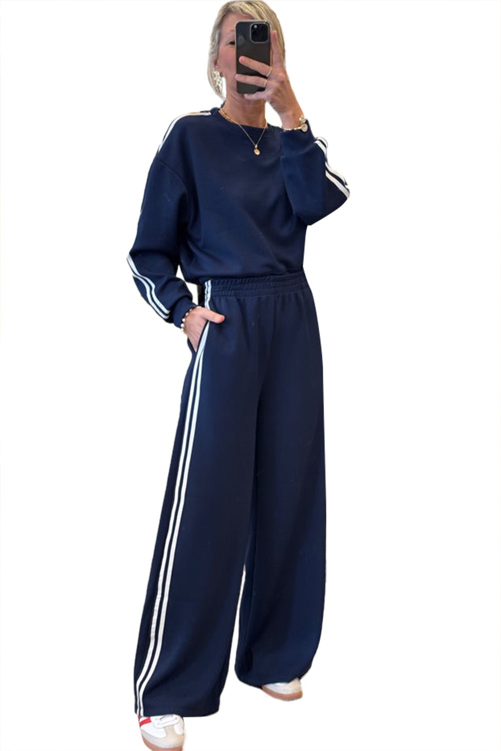 Dirty Blue Varsity Striped Detail Cropped Pullover Wide Leg Pants 2pcs Outfit - MAD RUFFI