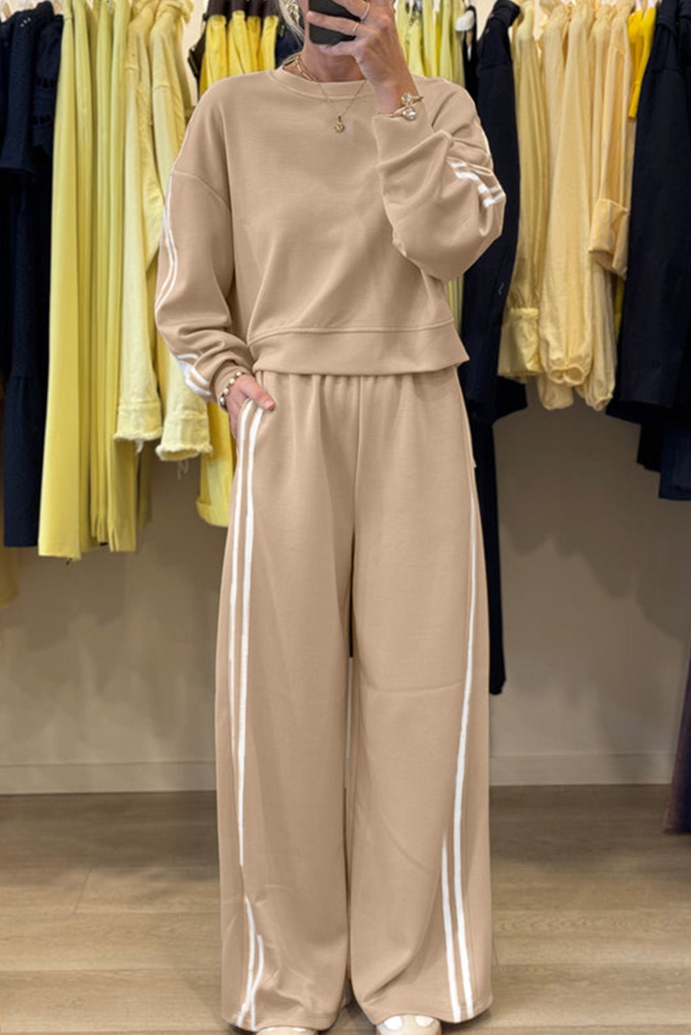 Dirty Blue Varsity Striped Detail Cropped Pullover Wide Leg Pants 2pcs Outfit - MAD RUFFI