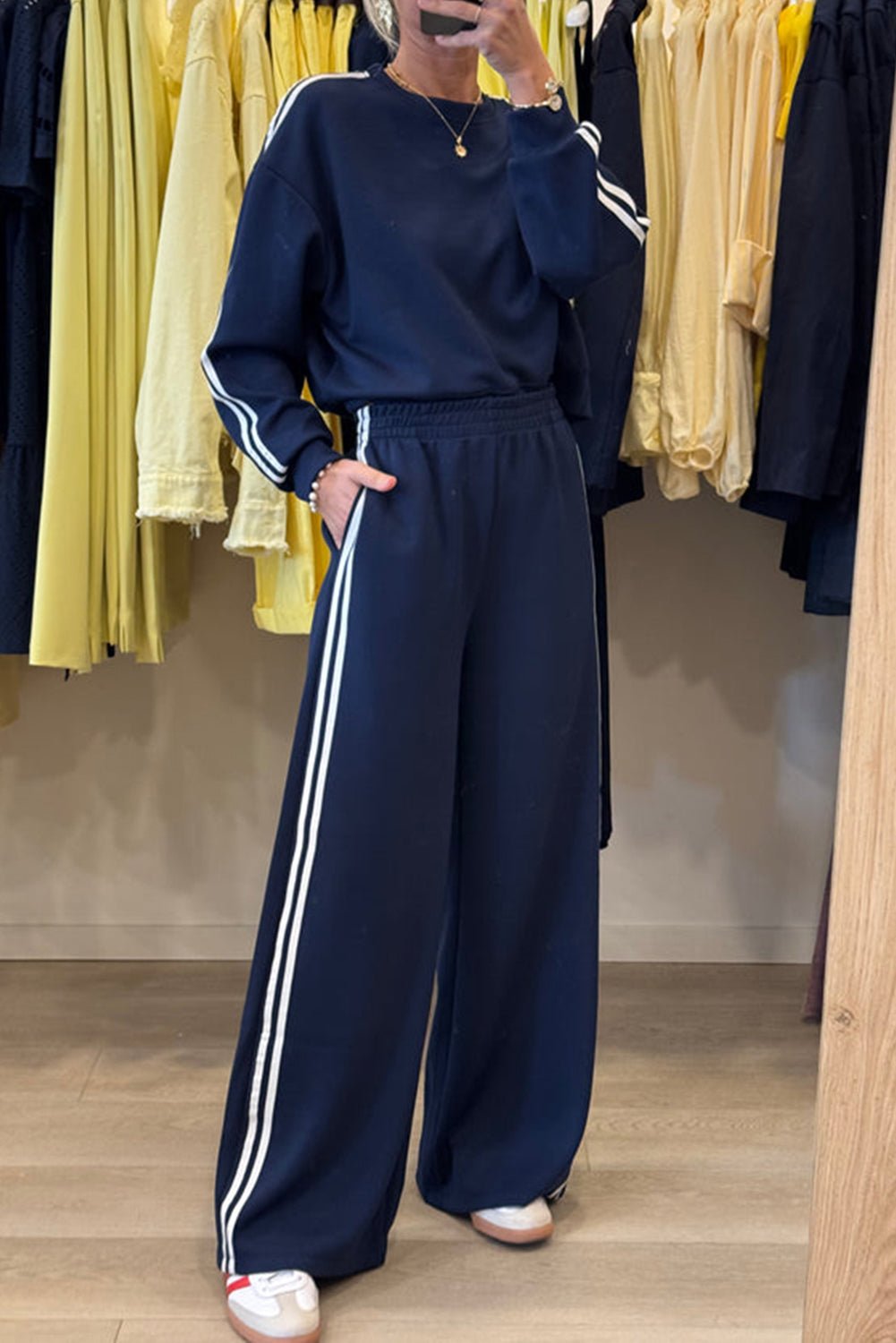 Dirty Blue Varsity Striped Detail Cropped Pullover Wide Leg Pants 2pcs Outfit - MAD RUFFI