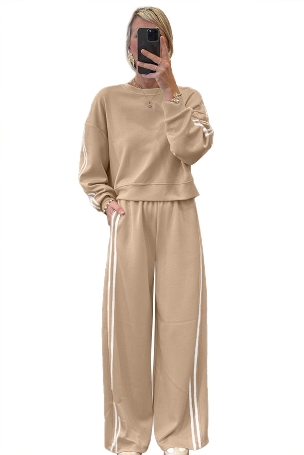 Dirty Blue Varsity Striped Detail Cropped Pullover Wide Leg Pants 2pcs Outfit - MAD RUFFI