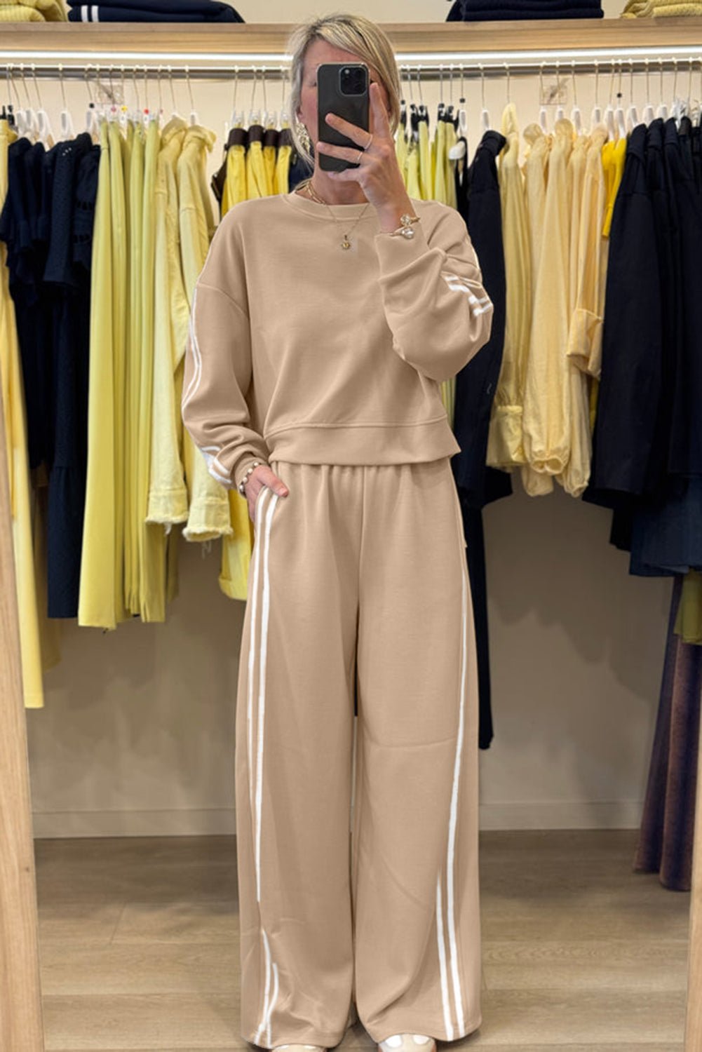 Dirty Blue Varsity Striped Detail Cropped Pullover Wide Leg Pants 2pcs Outfit - MAD RUFFI