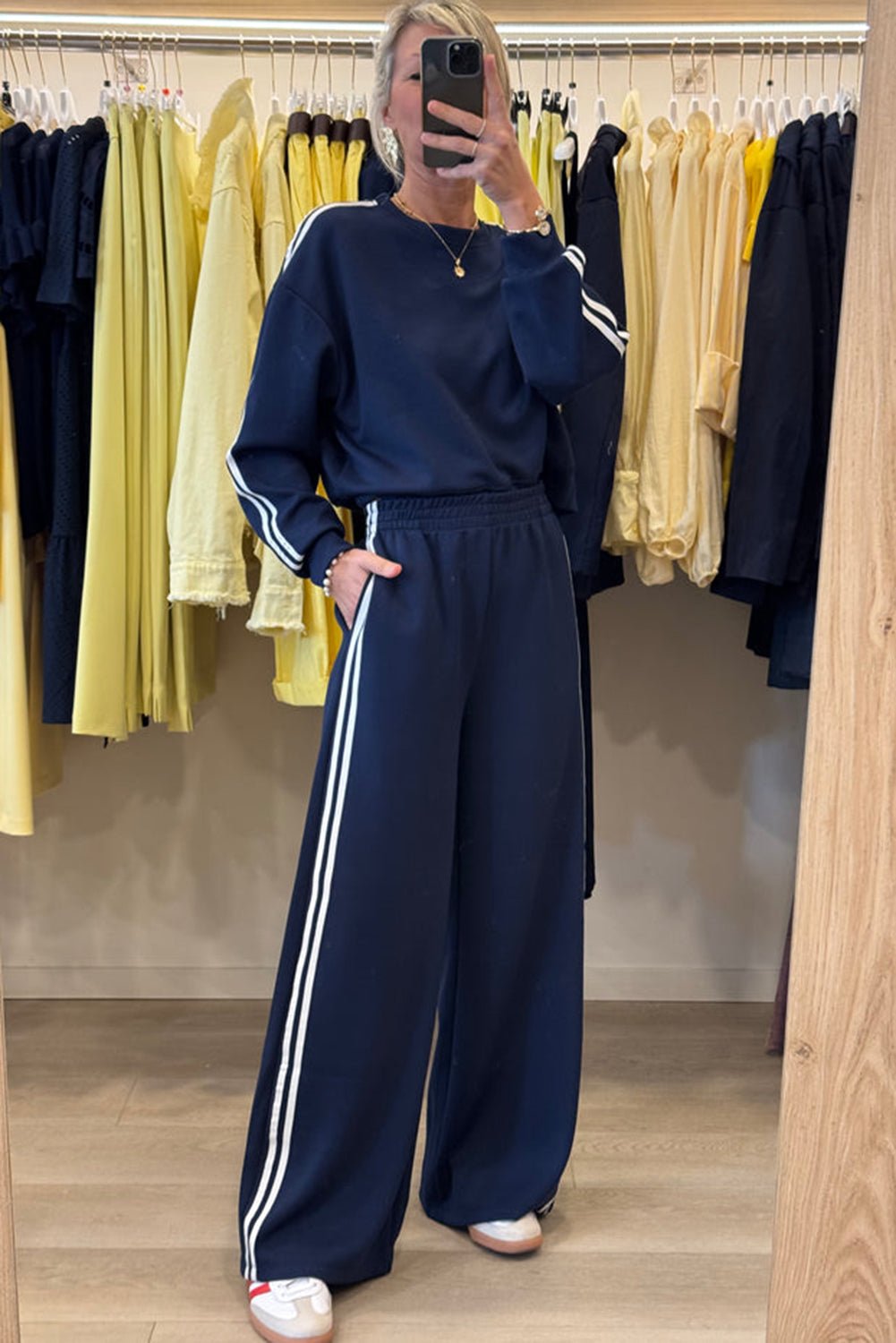 Dirty Blue Varsity Striped Detail Cropped Pullover Wide Leg Pants 2pcs Outfit - MAD RUFFI