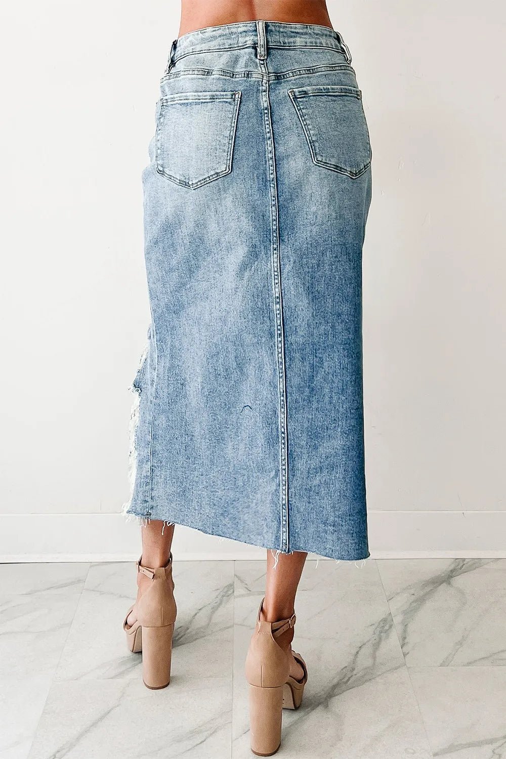 Distressed Asymmetrical Denim Skirt with Frayed Hem - MAD RUFFI