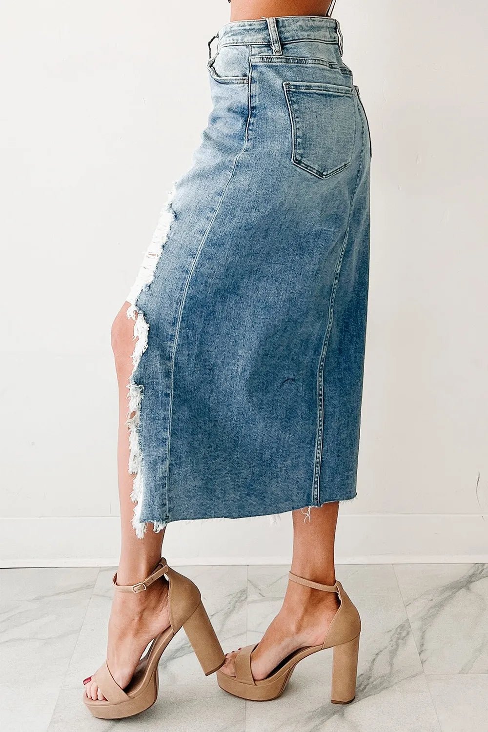 Distressed Asymmetrical Denim Skirt with Frayed Hem - MAD RUFFI