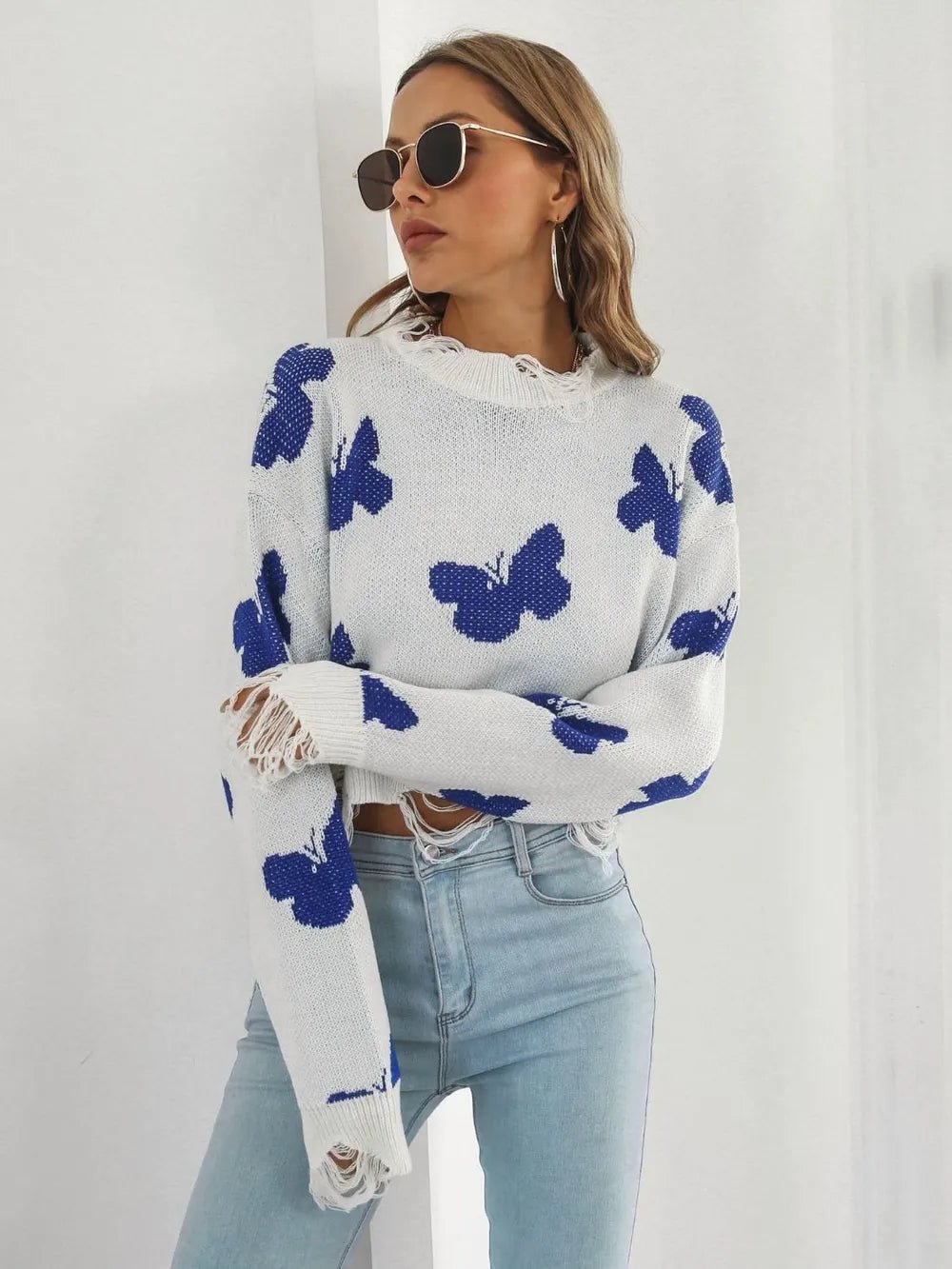 Distressed Butterfly Cropped Sweater - MAD RUFFI