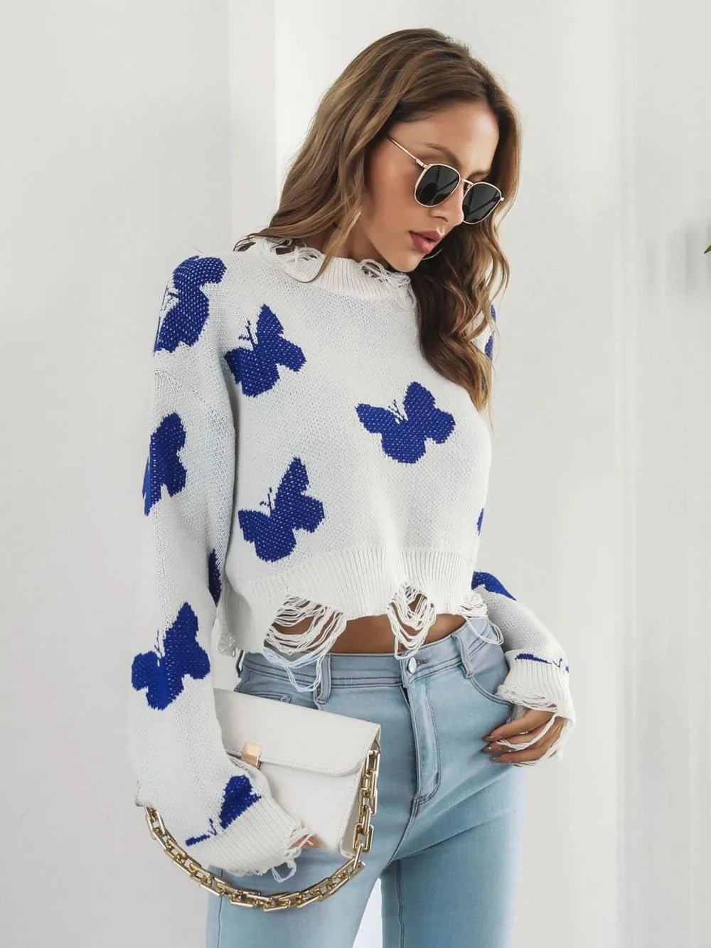 Distressed Butterfly Cropped Sweater - MAD RUFFI