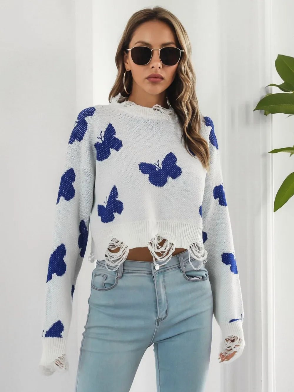 Distressed Butterfly Cropped Sweater - MAD RUFFI