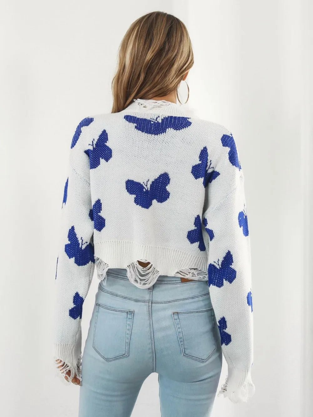 Distressed Butterfly Cropped Sweater - MAD RUFFI