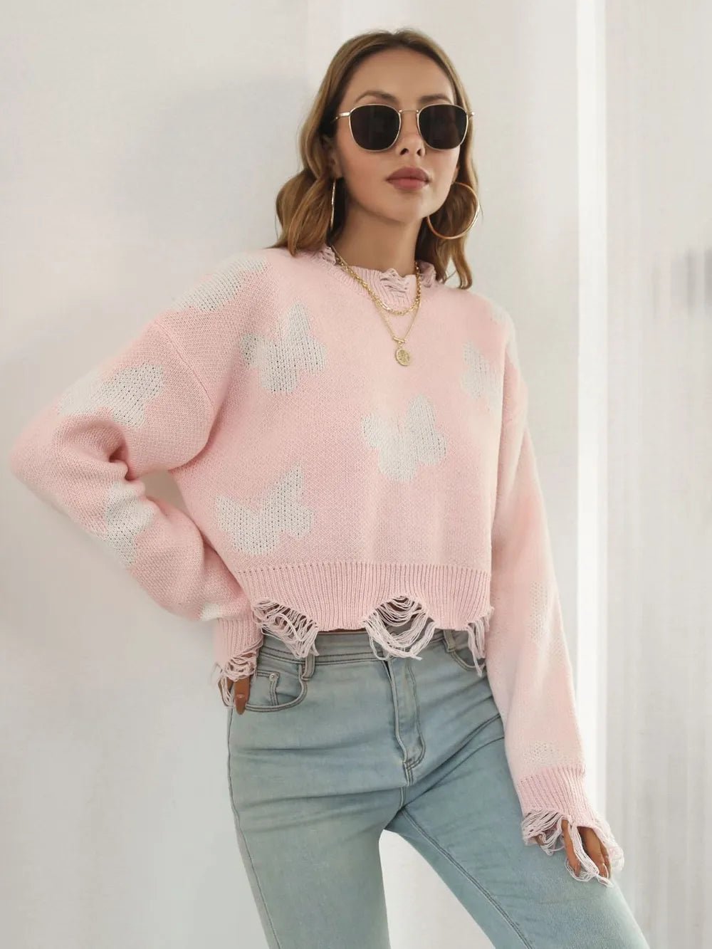 Distressed Butterfly Cropped Sweater - MAD RUFFI