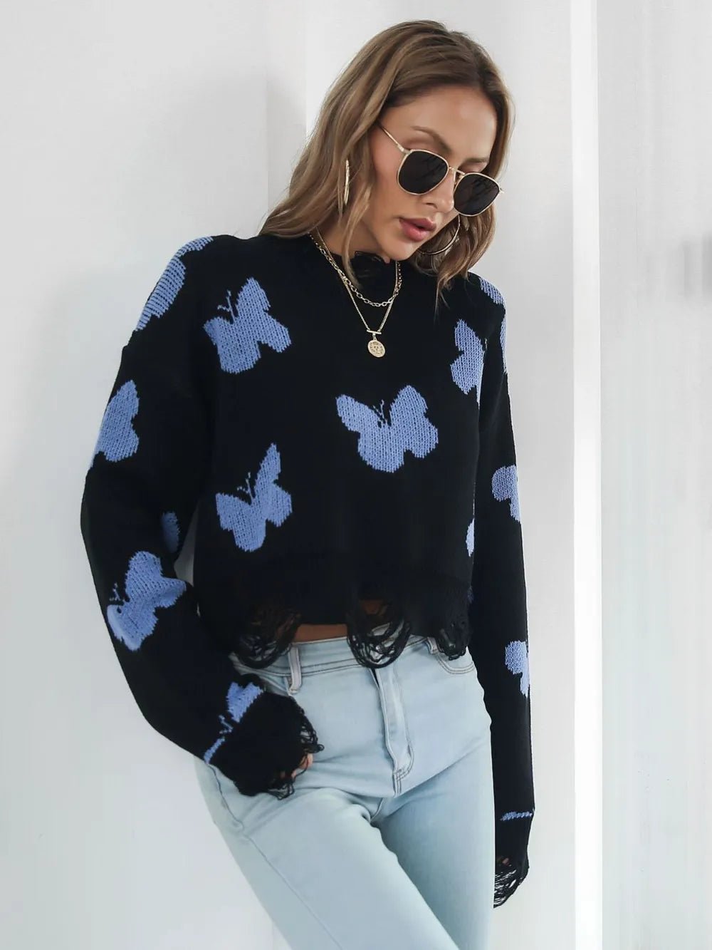 Distressed Butterfly Cropped Sweater - MAD RUFFI