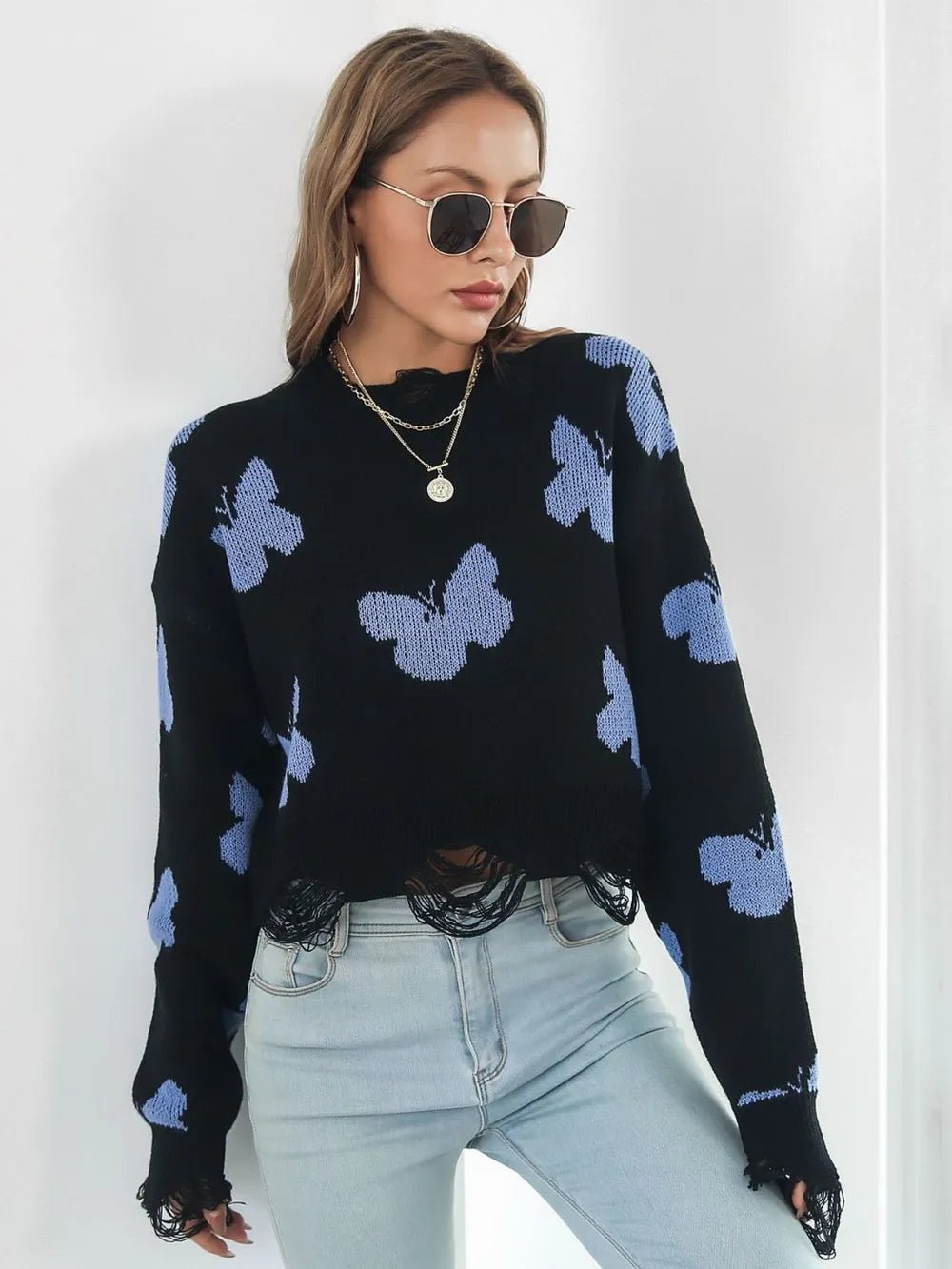 Distressed Butterfly Cropped Sweater - MAD RUFFI