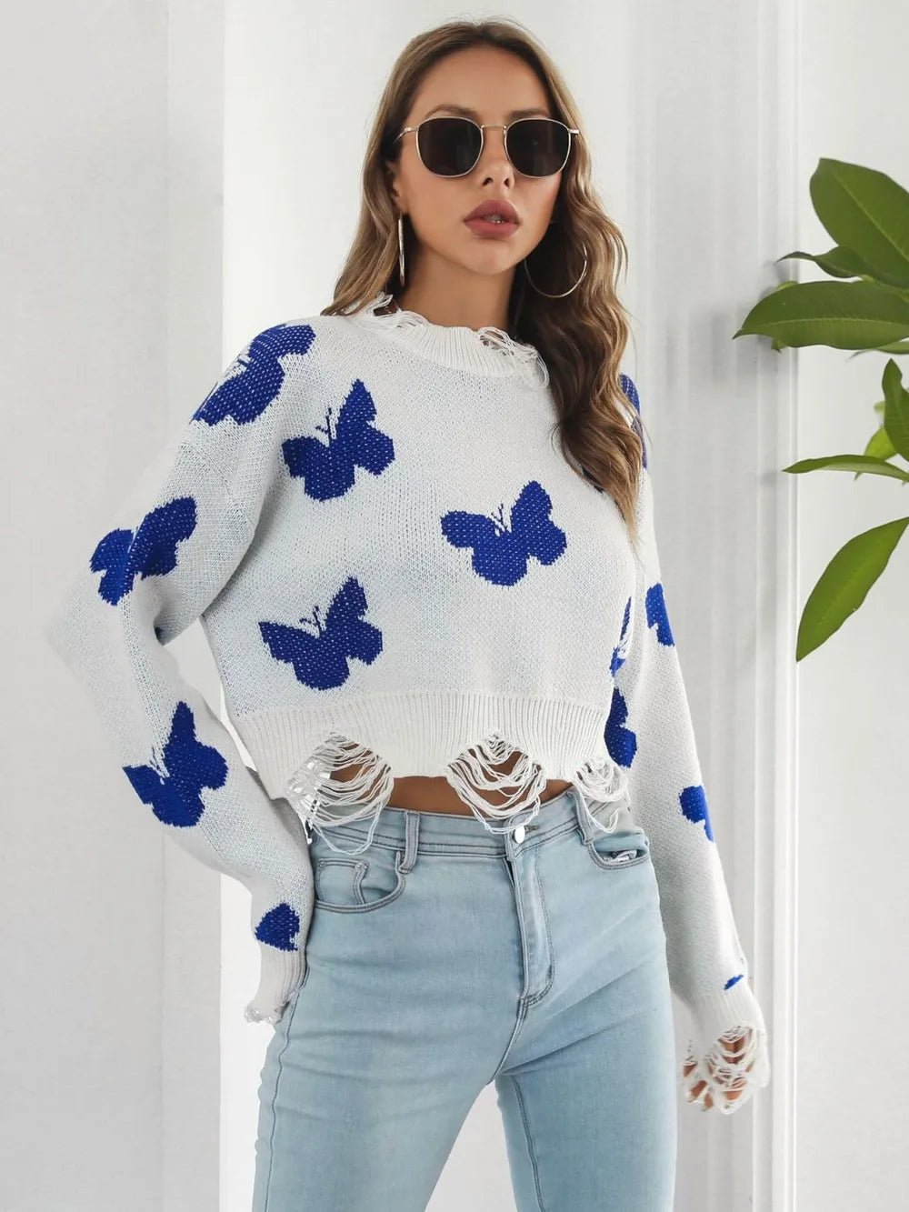 Distressed Butterfly Cropped Sweater - MAD RUFFI